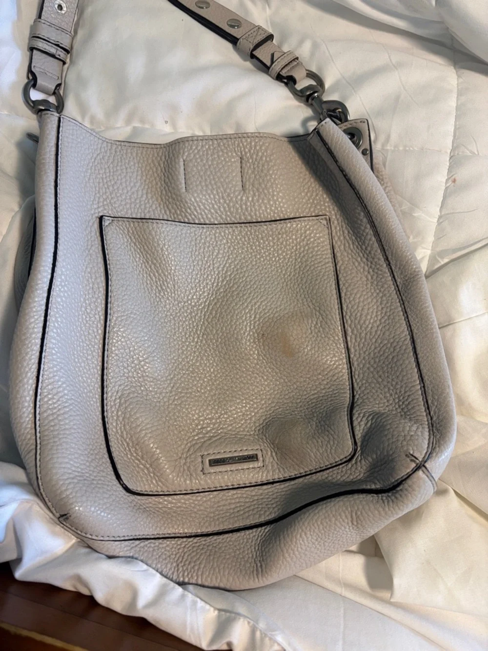 Leather Hobo Shoulder Studded Bag in Light Grey